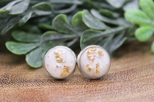 White & Gold Flake Dome || Stud Earrings || Hypoallergenic