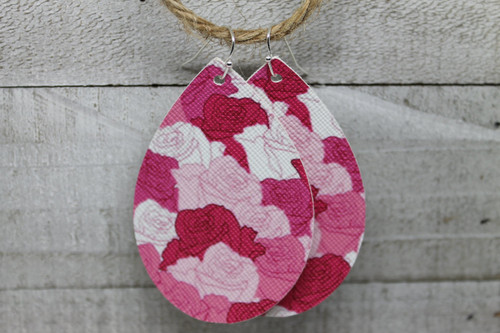 Pink & White Roses Teardrop Faux Leather Earrings