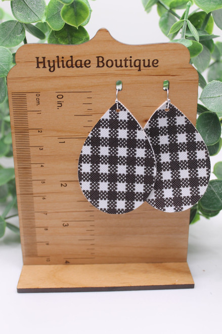 White Plaid || Teardrop Faux Leather Earrings || Hypoallergenic