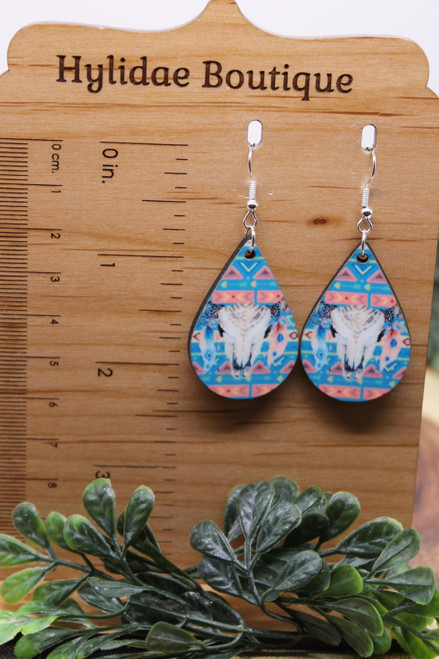 Steer Skull & Feathers || Mini Teardrop Dangle Earrings || Hypoallergenic