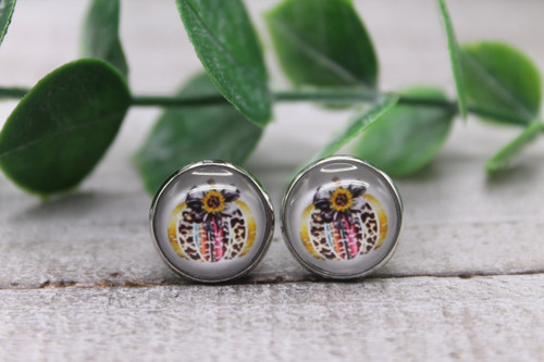Leopard & Serape Sunflower Pumpkin || Glass Stud Earrings || Hypoallergenic