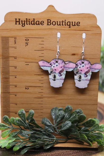Floral & Barnwood Cow || Dangle Earrings || Hypoallergenic