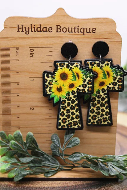 Leopard Cross with Sunflowers || Dangle Earrings || Hypoallergenic