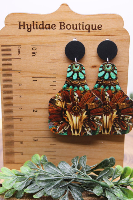 Steer Skull & Feathers Dangle Earrings