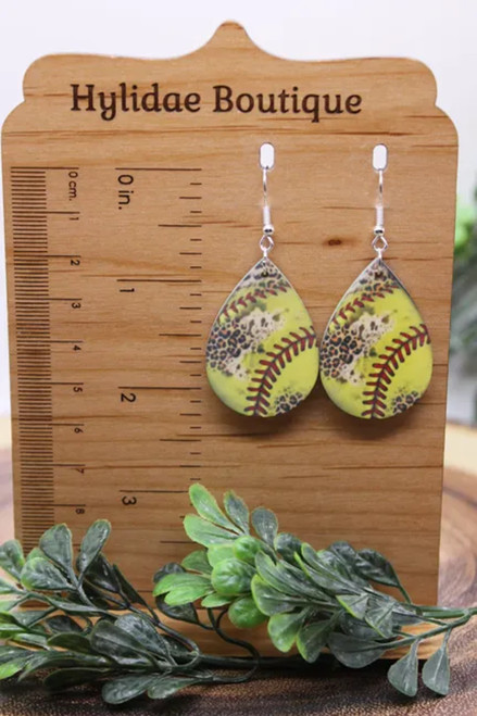 Leopard & Softball Teardrop || Dangle Earrings || Hypoallergenic