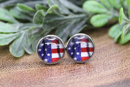 Patriotic Baseball || Glass Stud Earrings || Hypoallergenic