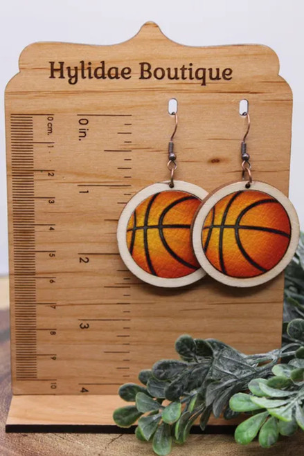 Basketball || Faux Leather & Wood Dangle Earrings || Hypoallergenic