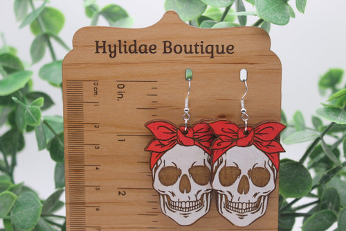 Skulls with Red Headbands || Wood Dangle Earrings || Hypoallergenic