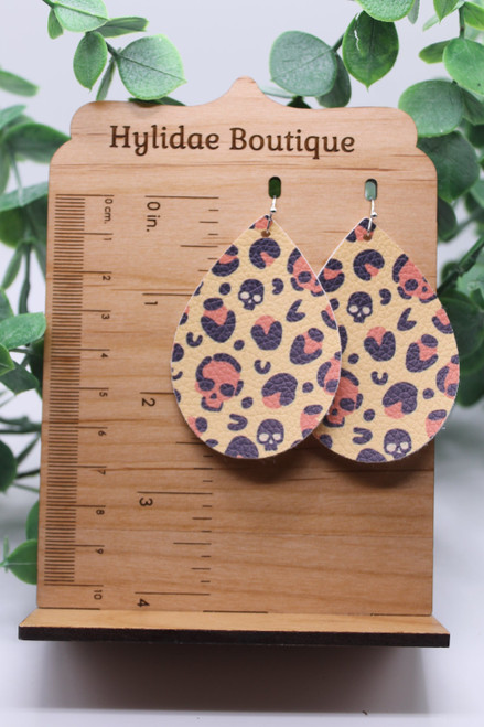 Skulls & Leopard || Teardrop Faux Leather Earrings || Hypoallergenic