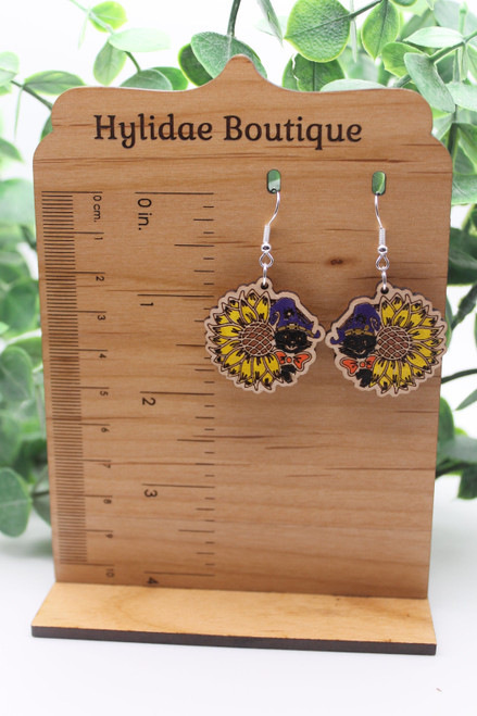 Sunflowers & Black Witchy Cat || Wood Dangle Earrings