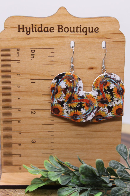 Sunflowers on Cow Heart || Faux Leather Dangle Earrings || Hypoallergenic