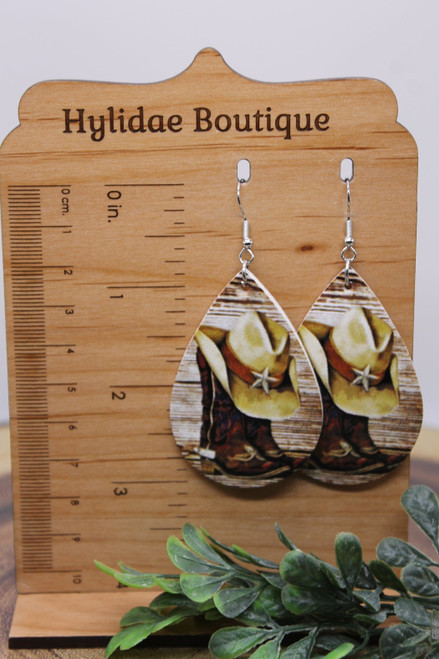 Cowboy Boots & Hat Teardrop || Faux Leather Dangle Earrings || Hypoallergenic
