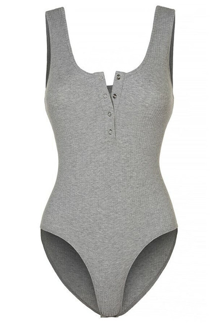 Henley Scoop Neck Ribbed Knit Bodysuit Heathergray