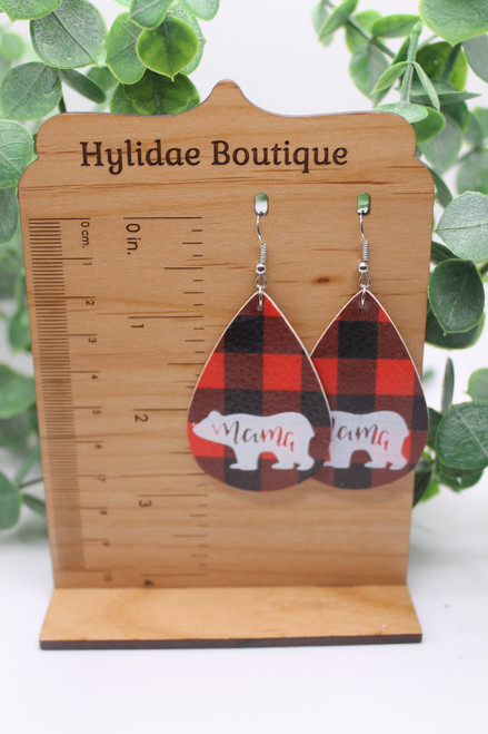 Plaid Mama Bear || Teardrop Double-Sided Faux Leather Earrings || Hypoallergenic