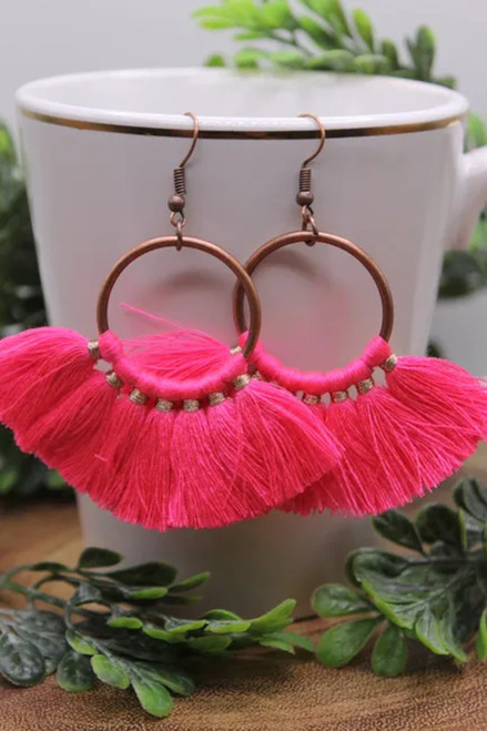 Neon Pink Tassel || Dangle Earrings || Hypoallergenic