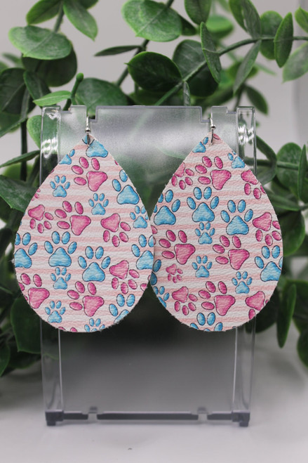 Pink & Blue Paw Prints || Teardrop Faux Leather Earrings || Hypoallergenic