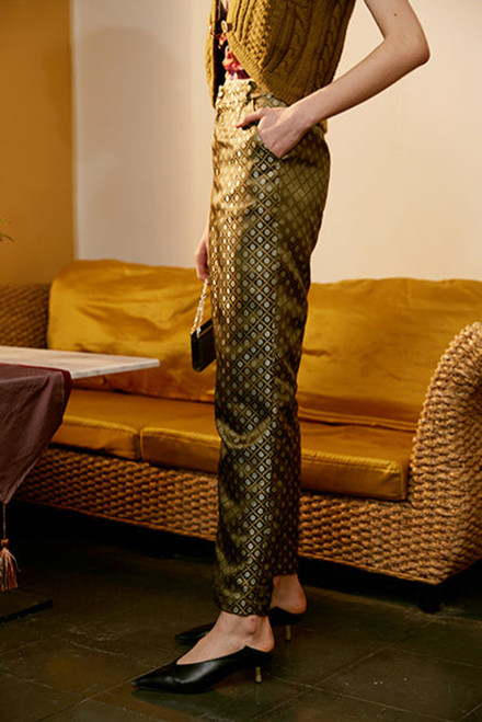 Rimless | Golden Green Jacquard High Waist Pant