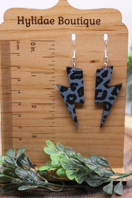 Leopard Lightning Bolt - Grey || Dangle Earrings || Hypoallergenic