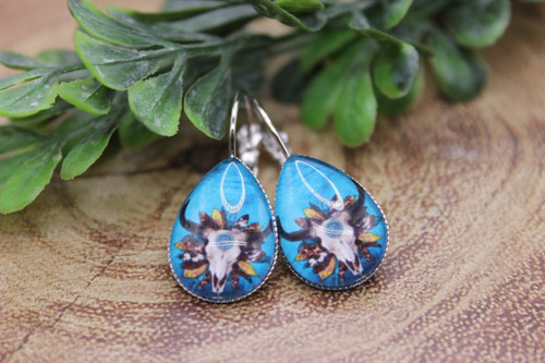 Steer Skull Teardrop French Lever Earrings