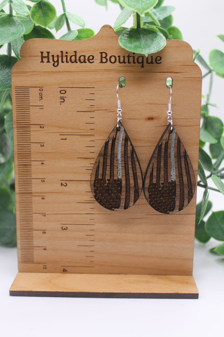 Correctional Officer Flag Teardrop Silver/Grey Line || Wood Dangle Earrings