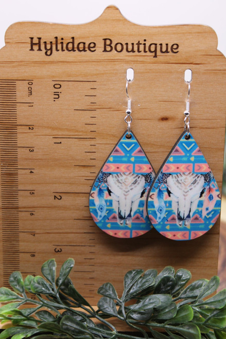 Steer Skull & Feathers || Teardrop Dangle Earrings || Hypoallergenic