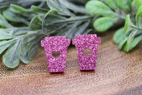 Pink Glitter Coffee Cups with Hearts || Stud Earrings || Hypoallergenic