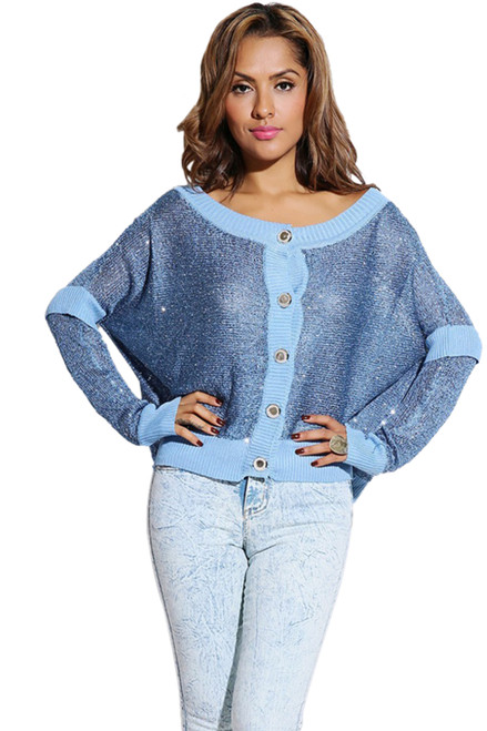 Sky Blue Silver Sequined Open Knit Sweater Cardigan