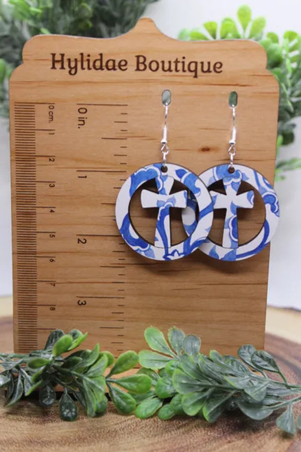 Blue & White Cross in Circle || Dangle Earrings || Hypoallergenic