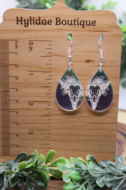 Steer Skull & Roses || Iridescent Teardrop Dangle Earrings || Hypoallergenic