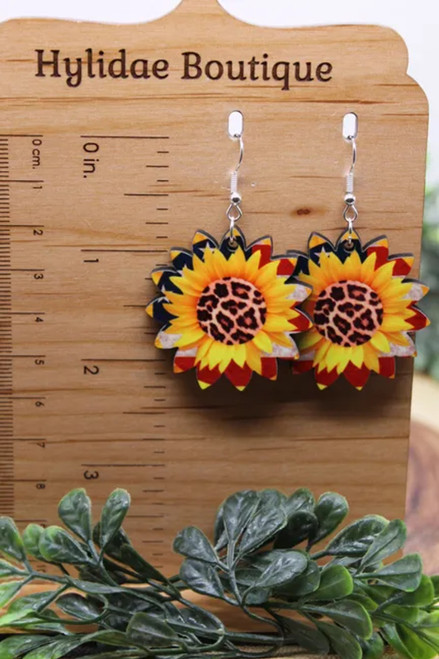 American Flag Sunflower & Leopard || Dangle Earrings || Hypoallergenic