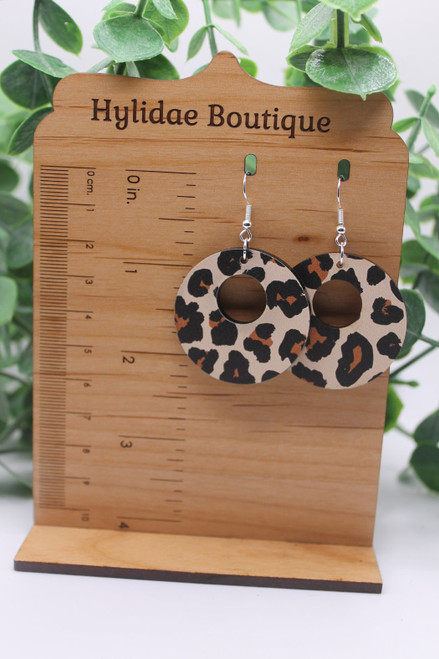 Leopard Circle || Wood Dangle Earrings