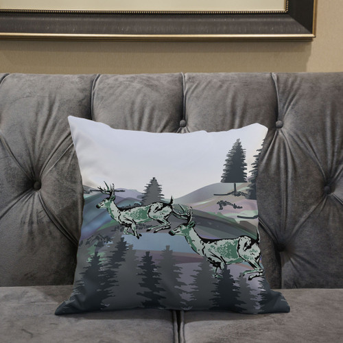 18x18 Muted Green Black Blue Deer Blown Seam Broadcloth Animal Print Throw Pillow