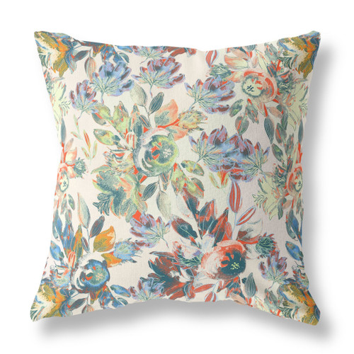 16" X 16" White, Yellow And Green Broadcloth Floral Throw Pillow