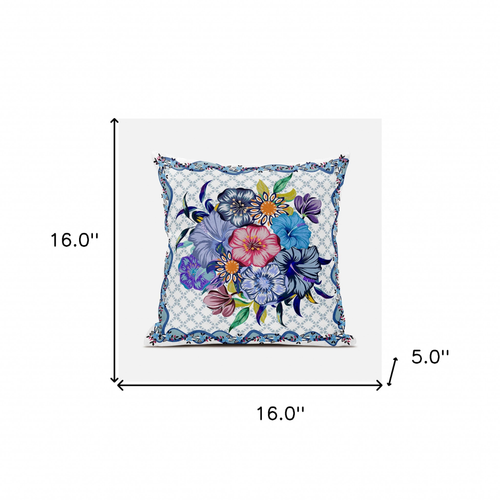 16x16 White Blue Blown Seam Broadcloth Floral Throw Pillow