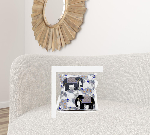18x18 Gray Black Blue Elephant Blown Seam Broadcloth Animal Print Throw Pillow