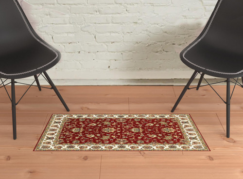 1' X 3' Red Ivory Machine Woven Floral Oriental Indoor Area Rug