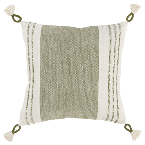 20" Green and White Color Block Cotton Throw Pillow With Tassels