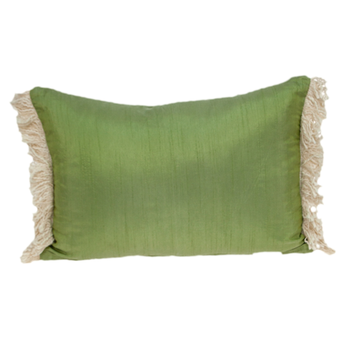 14" X 20" Beige and Green Cotton Lumbar Throw Pillow with Embroidery and Fringe