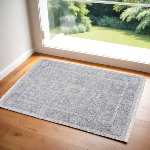 2' X 3' Gray Blue and Taupe Abstract Hand Woven Distressed Area Rug With Fringe