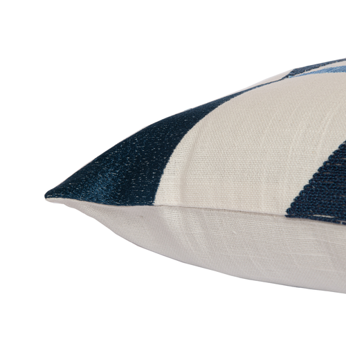 24" Ivory and Blue Geometric Cotton Blend Throw Pillow  With Embroidery