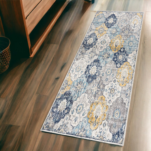 6' Runner Blue and Yellow Floral Area Rug