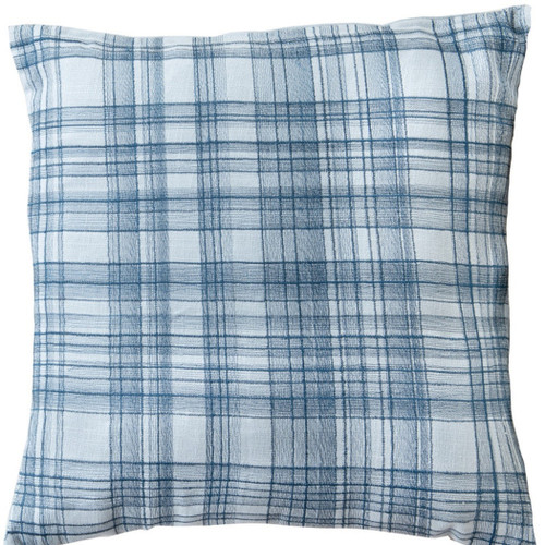 24" Blue Check Cotton Blend Throw Pillow With Embroidery