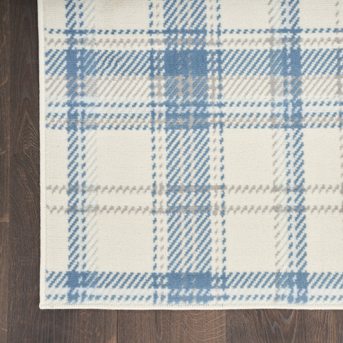 8' Runner Blue and Ivory Plaid Power Loom Runner Rug