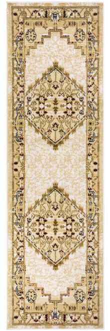 8' Runner Beige and Ivory Medallion Power Loom Distressed Runner Rug