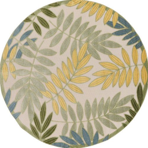 5' Green Yellow And Ivory Round Palm Leaf Indoor Outdoor Area Rug