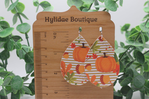 Pumpkins, Leaves & Acorns on Stripes || Teardrop Faux Leather Earrings || Hypoallergenic