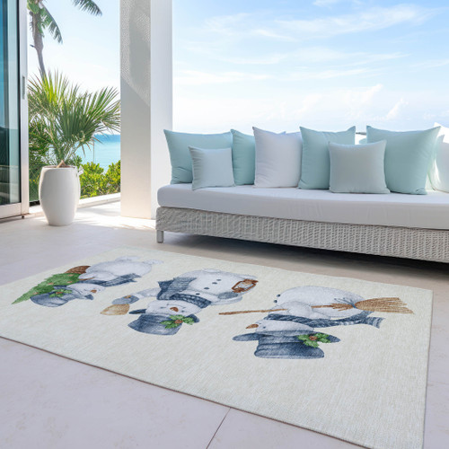 10' X 14' Ivory And Denim Blue Snowmen Washable Indoor Outdoor Area Rug