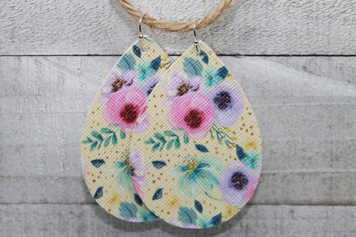 Florals on Yellow Teardrop Faux Leather Earrings