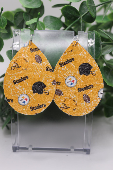 Steelers Football || Teardrop Faux Leather Earrings || Hypoallergenic
