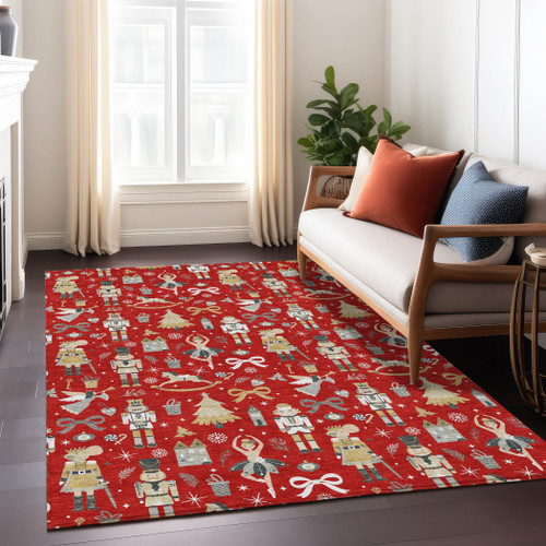 5' X 8' Red Gold Black And Gray Nutcracker Washable Indoor Outdoor Area Rug